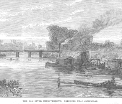 The Cam River Improvements: Dredging near Cambridge. Part of an engraving illustrating an article in the Illustrated London News of May 29, 1869